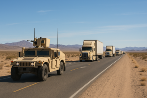 This is an image of the US Military performing convoy protection using armored vehicles to escort tractor trailer vehicles through hazardous environments.